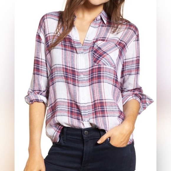 Rails Charli Raspberry Coast Linen Blend White Button Down Shirt Size M - Picture 1 of 5